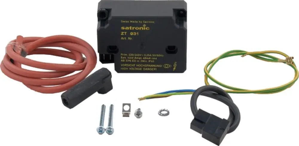 Zündtrafo-Set mit Kabeln und Anschlusssteckern, geeignet für Anwendungen von Wolf. Enthält Bauteile zur elektrischen Zündung in Heizsystemen.